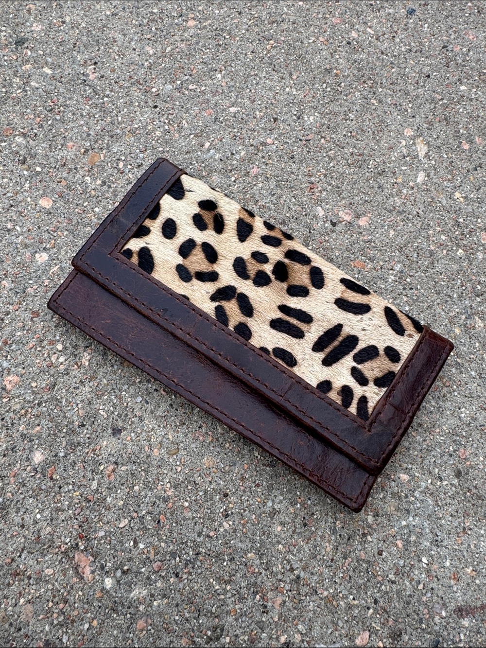 Brown Leather and Leopard Print Calf Hair Trifold Wallet